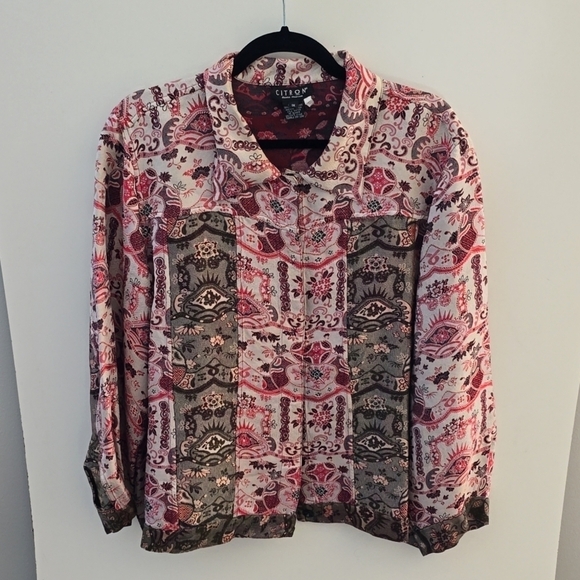 Citron Button Blazer Jacket Asian Silk Blend 1X Red - Picture 1 of 10